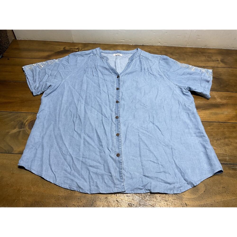 Anthropologie Kindred Women’s Chambray Floral Embroidered Shirt Plus Size 1X